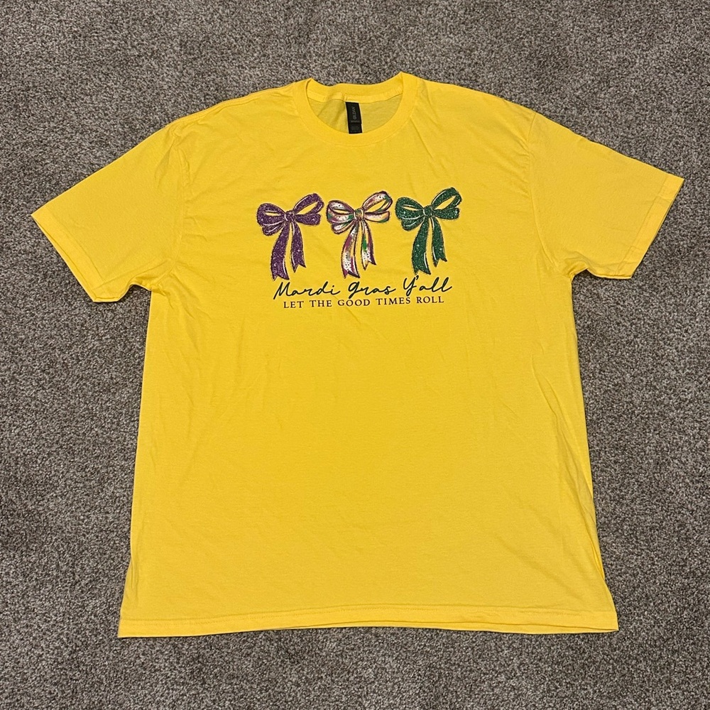 “Mardi Gras Y’all’ Yellow Tee with Purple, Gold & Green Bow Graphic